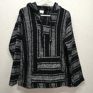 Vel-Mex Mexican Baja Poncho Surfer Blanket Hoodie Rasta Mens L Black Gray